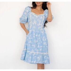 Baltic Born Floral Citrus Mini Dress Smocked‎ Ruffle Puff Sleeve Multicolor